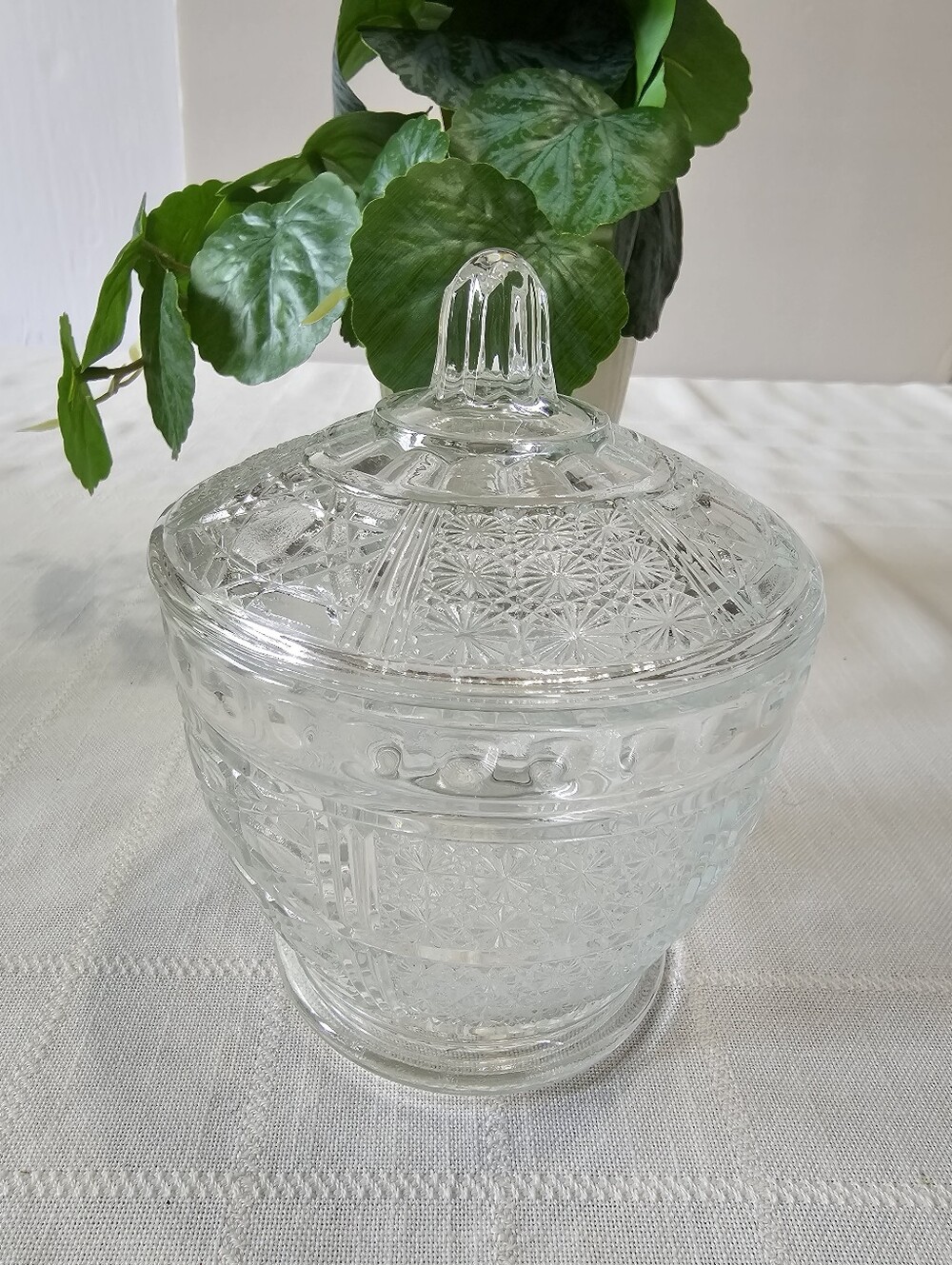 Vintage KIG Indonesia Daisy & Cane Clear Glass Covered Candy Dish